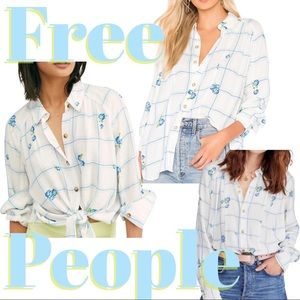 Free People Window Pane Plaid Blue Floral Button Down Shirt
